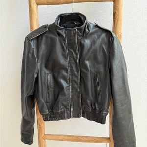 Zara Black Leather Bomber Jacket